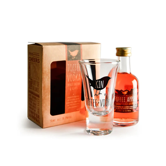 Kin Toffee Apple Vodka Shot Glass & Miniature 50ml Bottle Gift Pack